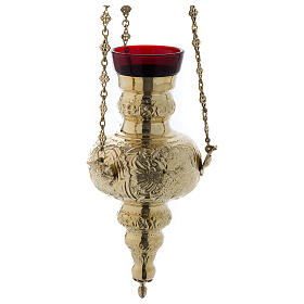 Hanging sanctuary lamp with leaf decor in golden brass 70 cm