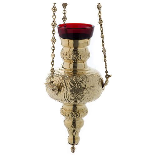 Hanging sanctuary lamp with leaf decor in golden brass 70 cm 2