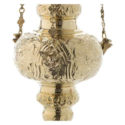 Hanging sanctuary lamp with leaf decor in golden brass 70 cm 4