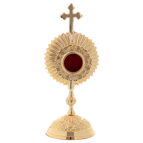 Reliquiario in ottone con base tonda e croce superiore 1