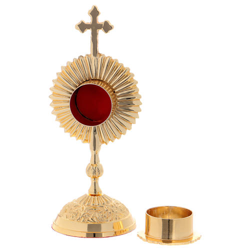 Reliquiario in ottone con base tonda e croce superiore 4