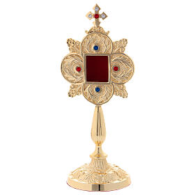 Gold plated brass reliquary with coloured stones and square relic box