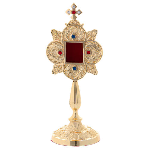 Gold plated brass reliquary with coloured stones and square relic box 1