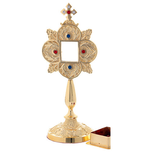Gold plated brass reliquary with colored stones and square viewing window 3
