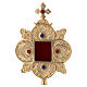 Gold plated brass reliquary with colored stones and square viewing window s2