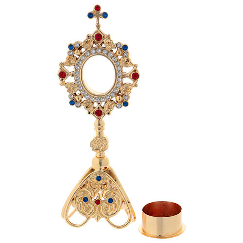 Brass reliquary with triangular base and coloured stones 3