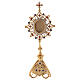 Gold plated brass reliquary with coloured stones and triangular base 25 cm s1