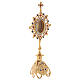 Gold plated brass reliquary with coloured stones and triangular base 25 cm s4