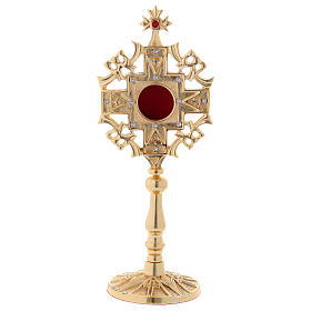 Gold plated brass reliquary with white and red zircons 9 3/4 in