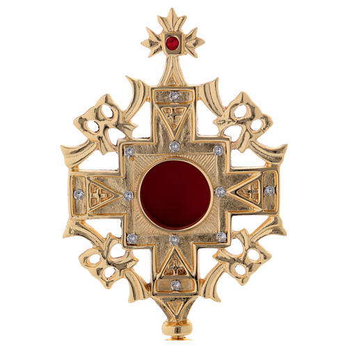 Gold plated brass reliquary with white and red zircons 9 3/4 in 2
