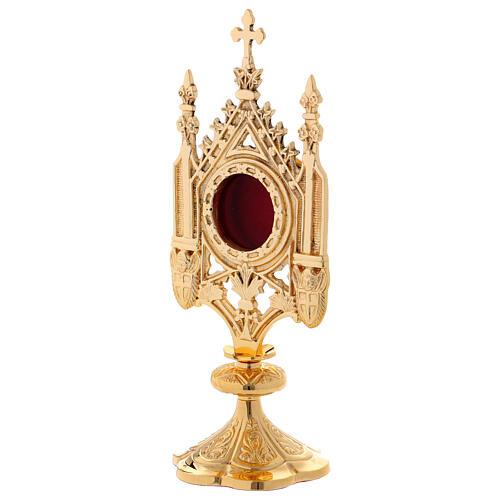 Reliquary with cross and towers, polished gold plated brass 3