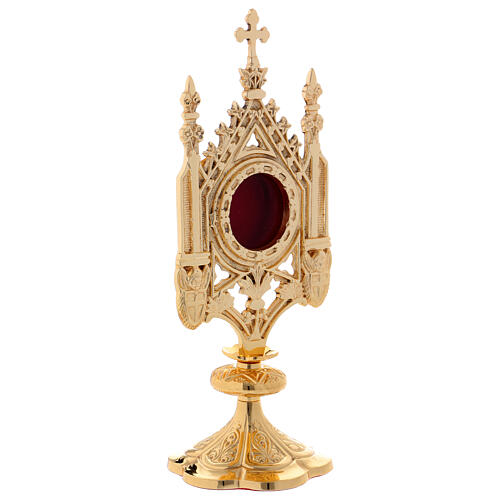 Reliquary with cross and towers, polished gold plated brass 5