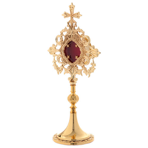 Reliquary with cross and cut-outs, gold plated brass 32 cm 3