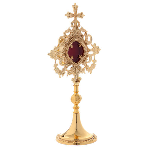 Reliquary with cross and cut-outs, gold plated brass 32 cm 4