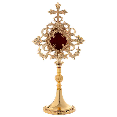 Relicaire croix et décoration ajourée en laiton doré 32 cm 1