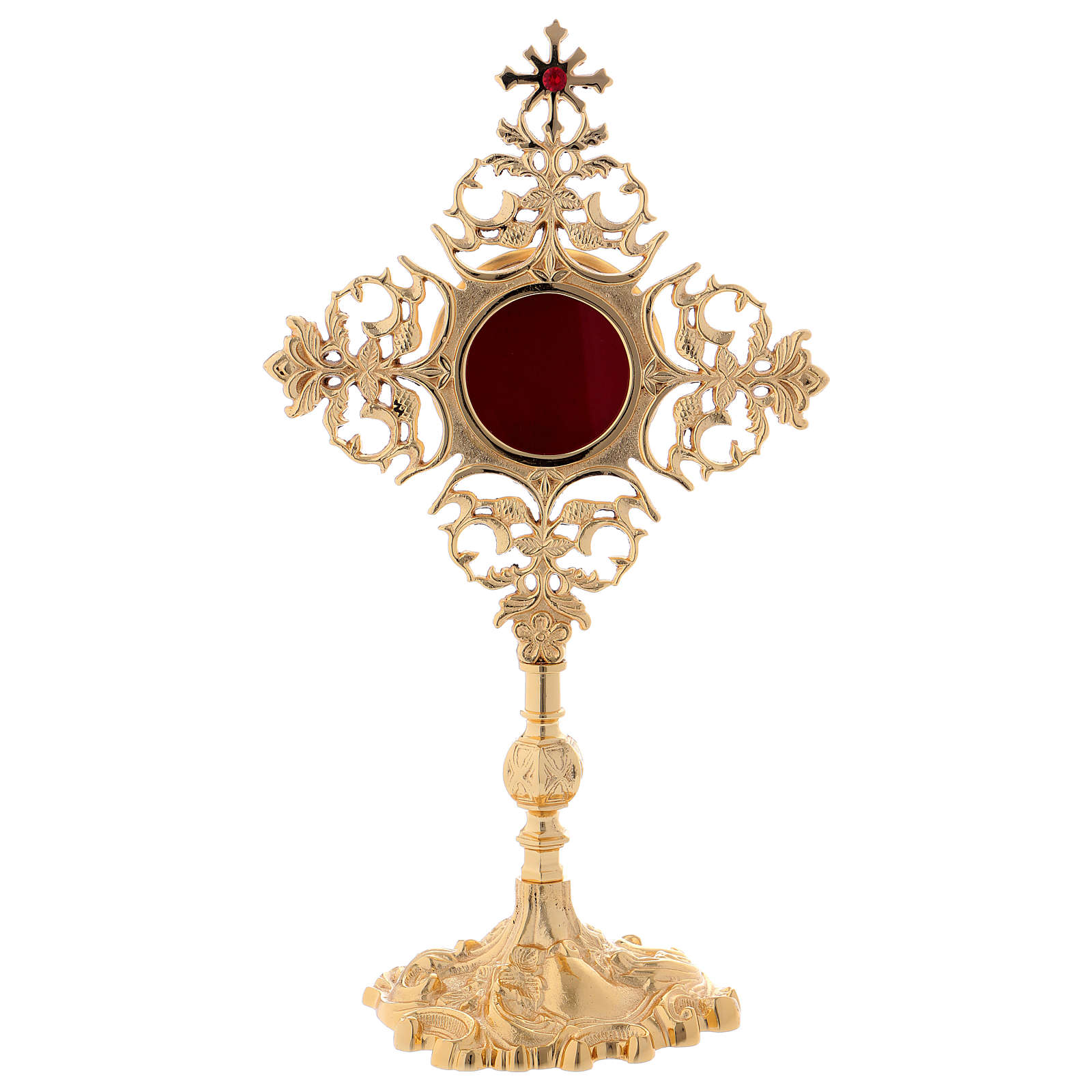 Reliquiario croce con zircone rosso ottone dorato