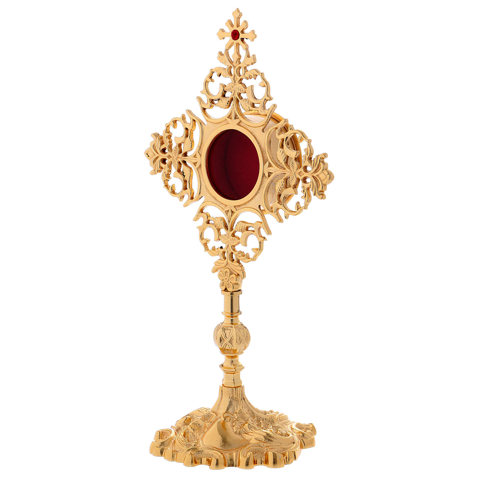 Reliquiario croce con zircone rosso ottone dorato