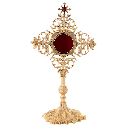 Relikwiarz mosiądz pozłacany, krzyż z czerwoną cyrkonią 1