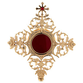 Relicário latão dourado cruz com zircão vermelho