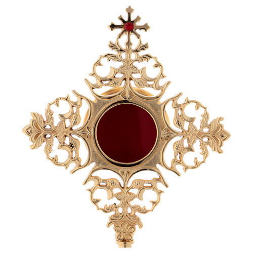 Relicário latão dourado cruz com zircão vermelho 2