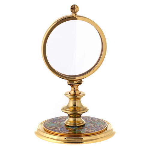 Gold plated brass monstrance with enamelled base, IHS and flowers 1