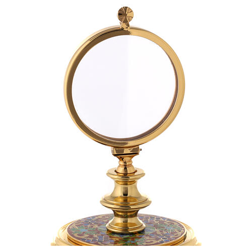 Gold plated brass monstrance with enamelled base, IHS and flowers 2