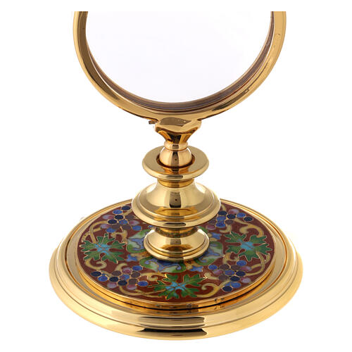 Gold plated brass monstrance with enamelled base, IHS and flowers 3