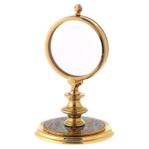 Gold plated brass monstrance with enamelled base, IHS and flowers 4