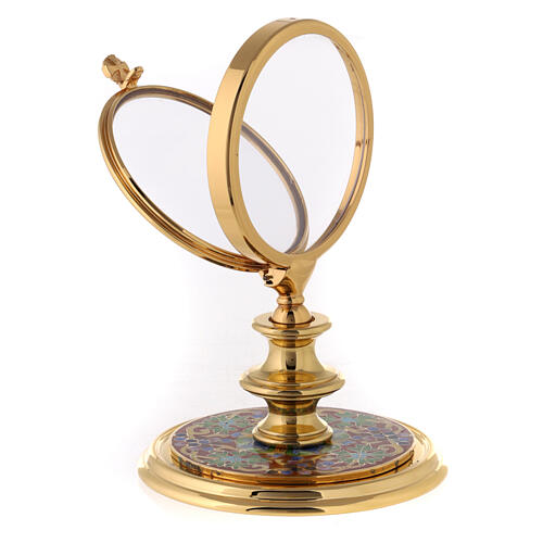 Gold plated brass monstrance with enamelled base, IHS and flowers 6