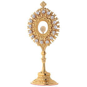 Gold plated brass reliquary with white crystals h 8 in