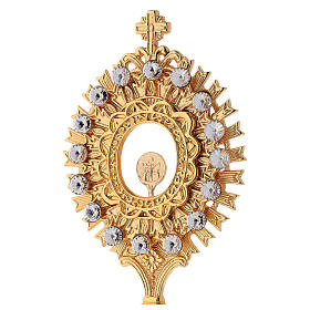 Gold plated brass reliquary with white crystals h 8 in