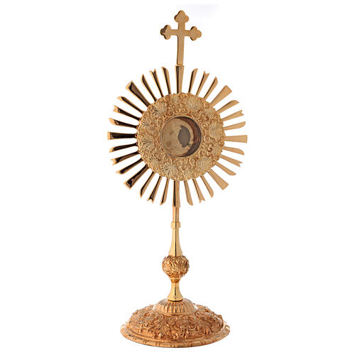 Reliquary with rays 32 cm, round relic box, gold plated brass 1