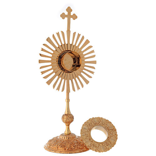 Reliquary with rays 32 cm, round relic box, gold plated brass 3