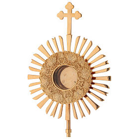 Gold plated brass reliquary with rays and round window 12 1/2 in