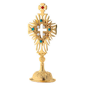 Reliquary in golden brass with adorned cross and crystals height 30 cm