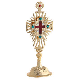 Reliquary in golden brass with adorned cross and crystals height 30 cm