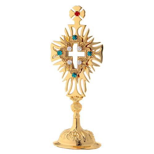 Reliquary in golden brass with adorned cross and crystals height 30 cm 1