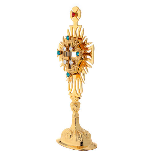 Reliquary in golden brass with adorned cross and crystals height 30 cm 3