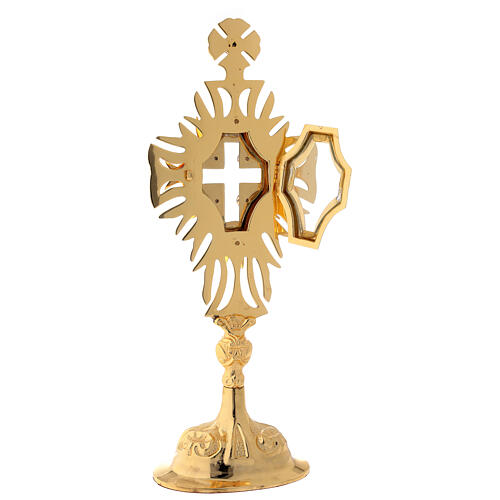 Reliquary in golden brass with adorned cross and crystals height 30 cm 5