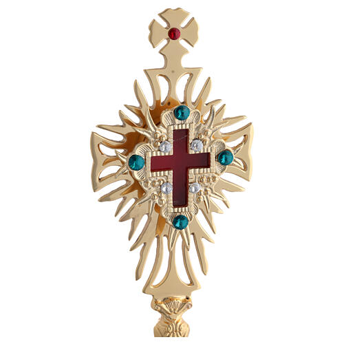 Relikwiarz mosiądz pozłacany i kryształy, dekorowany krzyż, h 30 cm 2