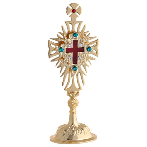 Gold plated brass reliquary with crystals and decorated cross h 12 in 1