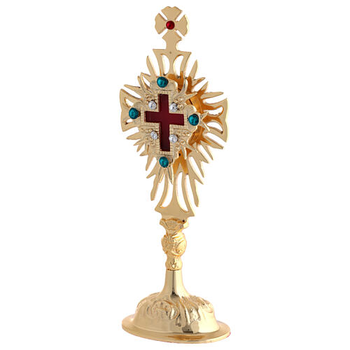 Gold plated brass reliquary with crystals and decorated cross h 12 in 5