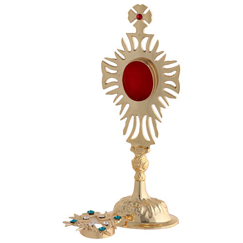 Gold plated brass reliquary with crystals and decorated cross h 12 in 6