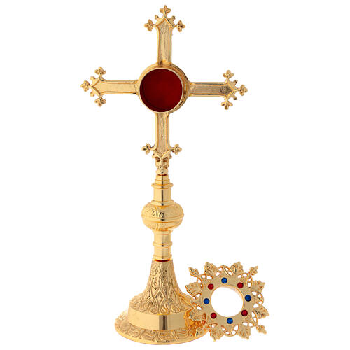 Reliquiar vergoldeten Messing Kreuz mit Steinen 27cm 3