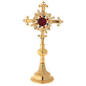 Gold plated brass reliquary with satin finish and stones 10 1/2 in