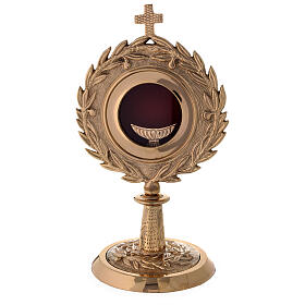 Gold plated brass monstrance with laurel wreath h 27 cm