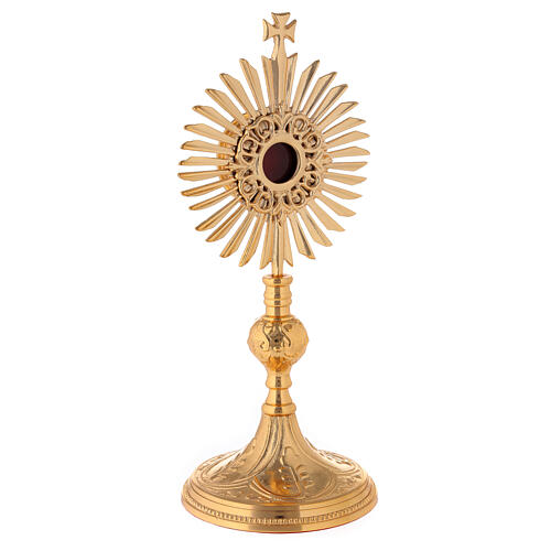 Gold plated brass reliquary with decorated node and rays frame h 11 in 4
