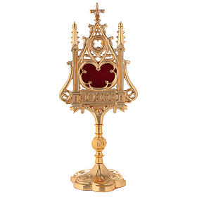 Neogothic gold plated brass reliquary with red velvet window h 12 1/2 in