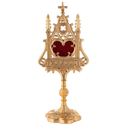Neogothic gold plated brass reliquary with red velvet window h 12 1/2 in 1