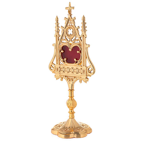 Neogothic gold plated brass reliquary with red velvet window h 12 1/2 in 3